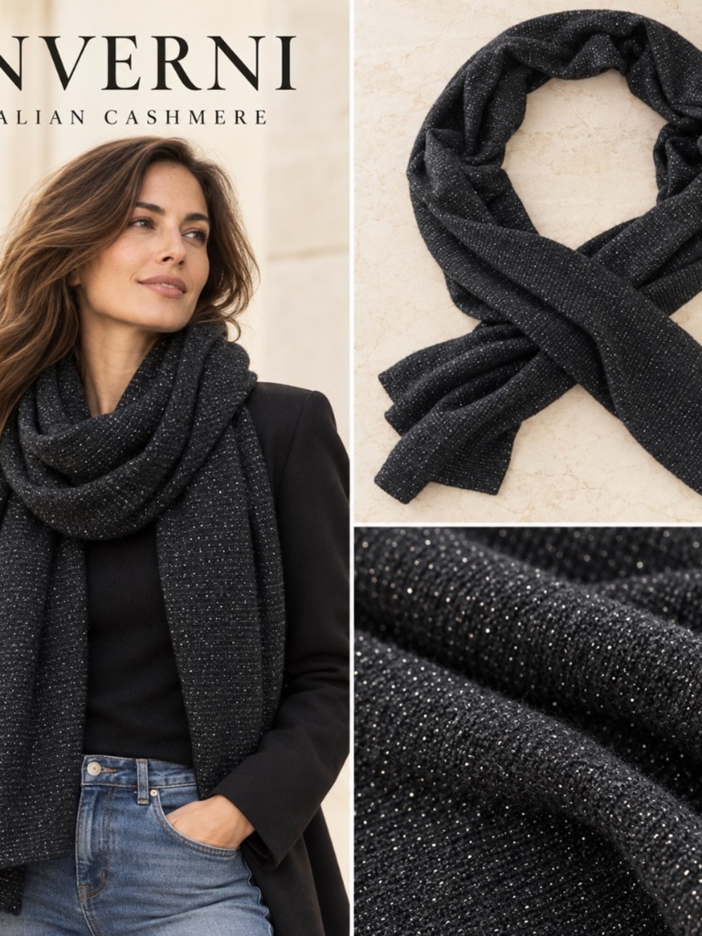 Inverni Black Cashmere Silver Metallic Scarf Made in Italy